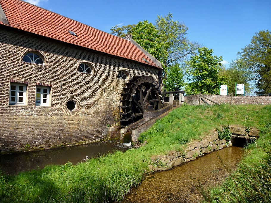 netherlands, landscape, mill, building, stream, water, sky HD wallpaper
