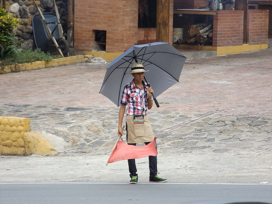 man, work, worker, agriculture, field, hat, guy, umbrella, full length HD wallpaper