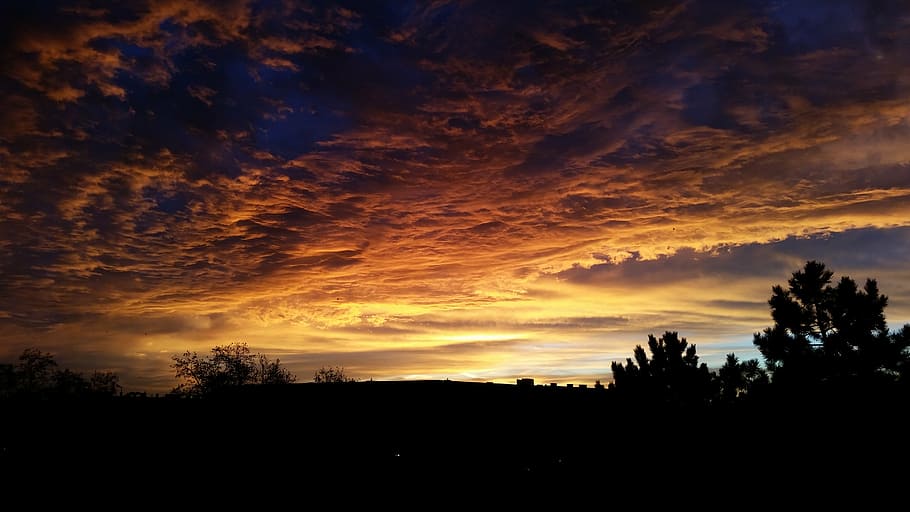 silhouette photo of sunset, sky, clouds, blue, dark clouds HD wallpaper