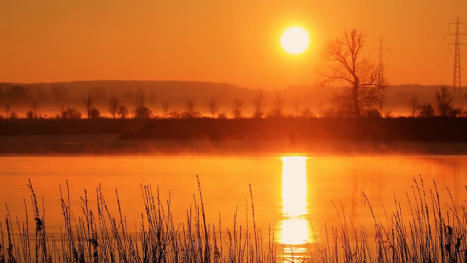 sunset, clouds, lake, water reflection, sky, evening sky, abendstimmung HD wallpaper