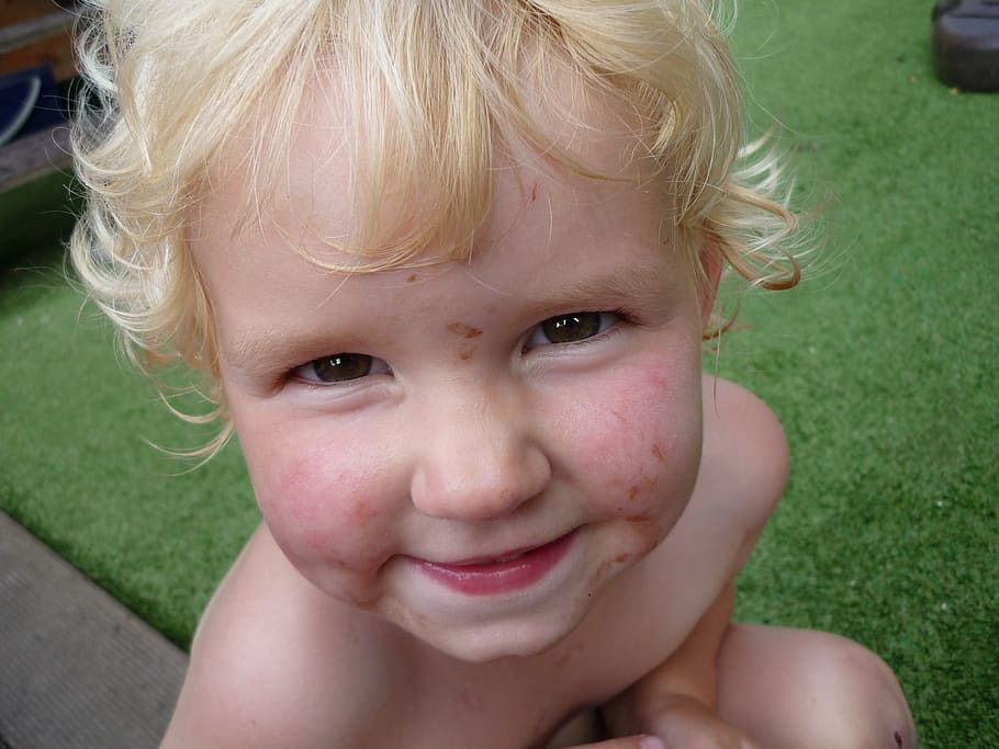 boy with blonde hair smiling, child, laugh, dirty, face, happy