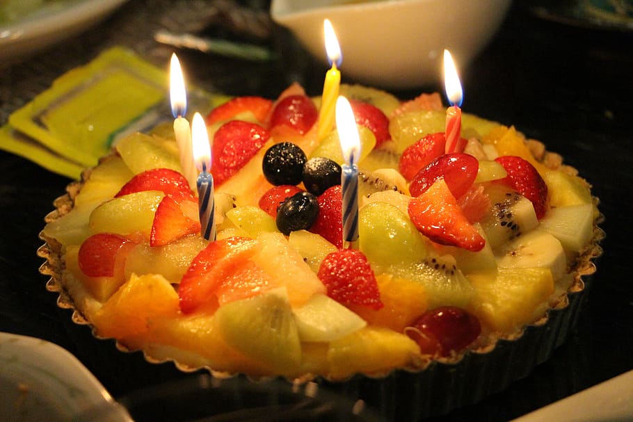 Birthday, Cake, Fruit, Delicious, flame, candle, food and drink HD wallpaper