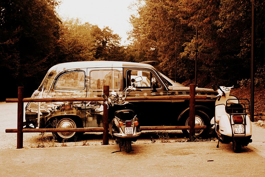 machine, moped, sepia, mode of transportation, car, land vehicle HD wallpaper