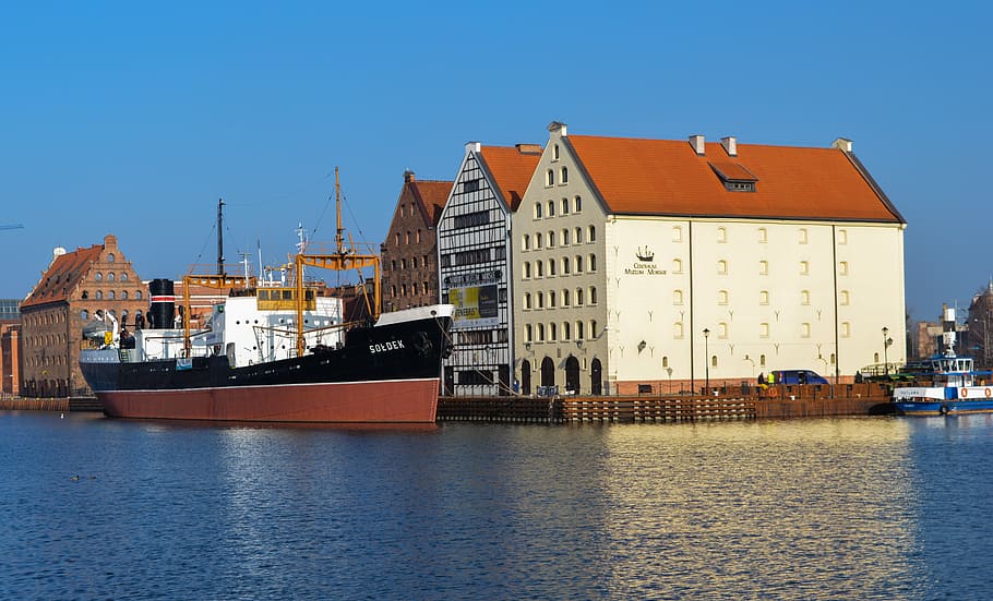 ship, river, poland, blue, water, transport, gdansk, building exterior HD wallpaper