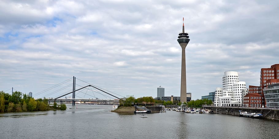 beige tower near bridge at daytime photo, Architecture, Düsseldorf HD wallpaper