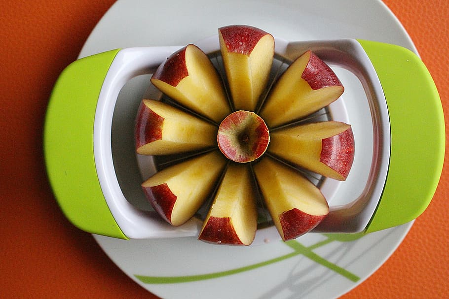 apple, split, apple slices, fruit, healthy eating, food, food and drink HD wallpaper