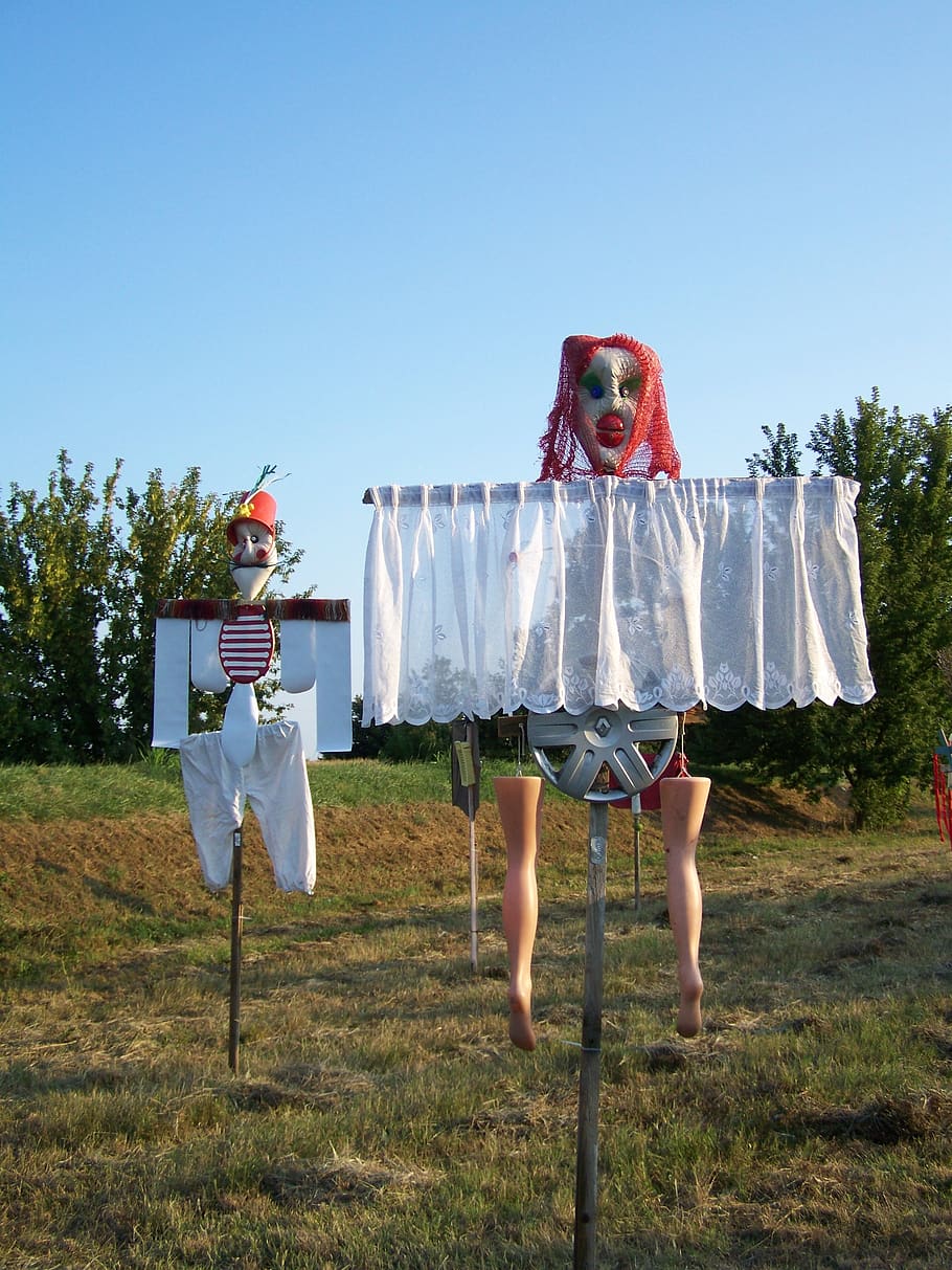 scarecrow, tool are, ingenious, field, sky, grass, nature, day HD wallpaper