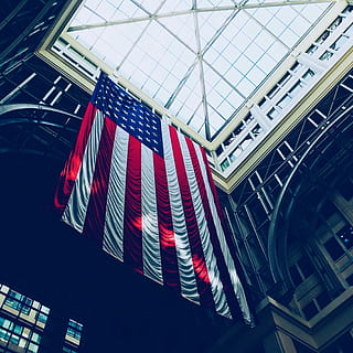 worm's eyeview photo of glass ceiling, low-angle photography of flag of America HD wallpaper