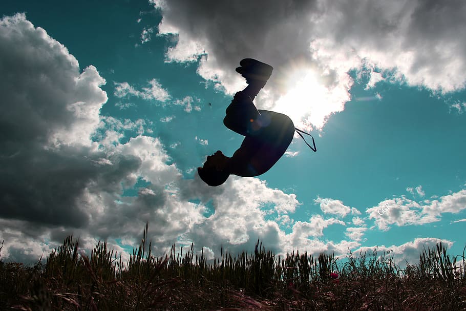 jump, fly, happy, cloud - sky, one person, full length, mid-air HD wallpaper