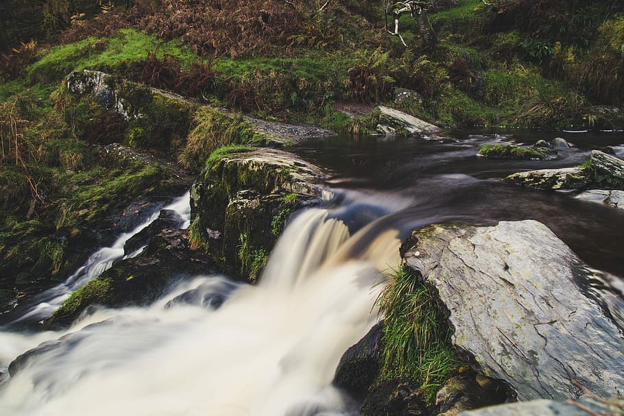 timelapse photo of stream at daytime, waterfall during daytime HD wallpaper