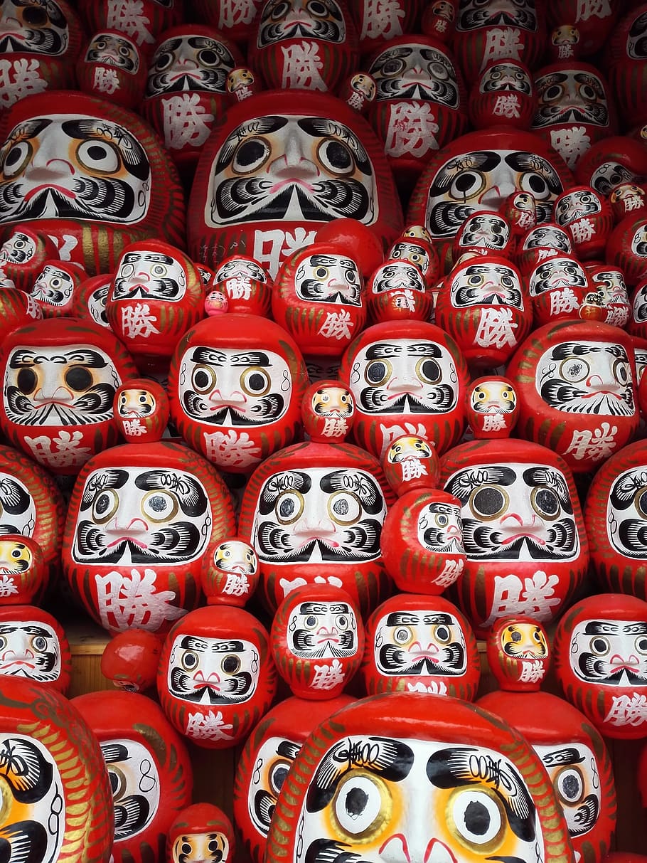 dharma, tumbling doll, daruma doll, japan, red, large group of objects