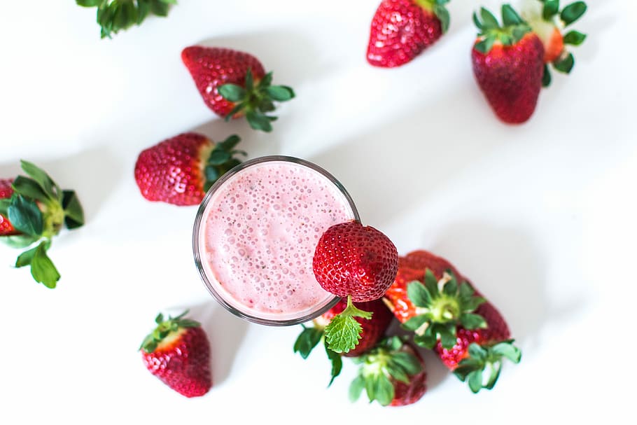 Strawberry mint milkshake, colorful, drink, homemade, strawberries
