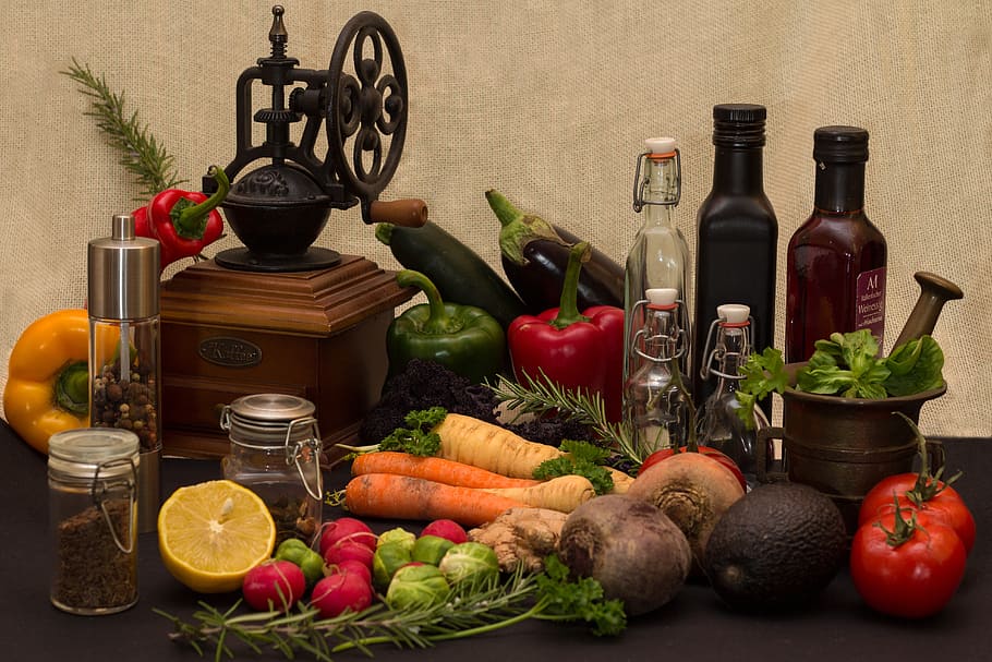 variety of vegetables and fruits, still life, bottles, spice mill