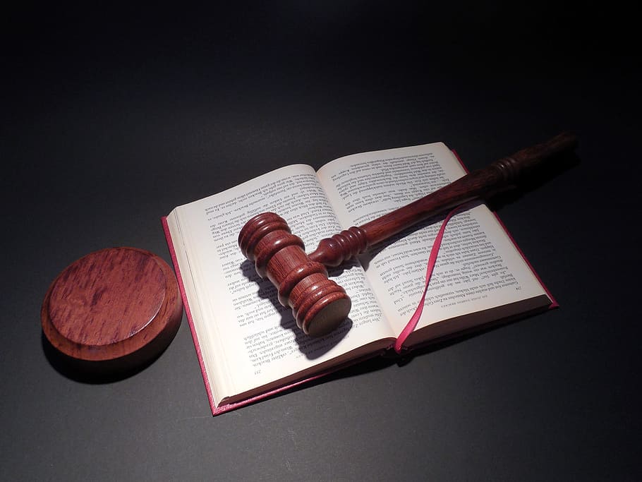 brown wooden Judge mallet, hammer, court, justice, book, law