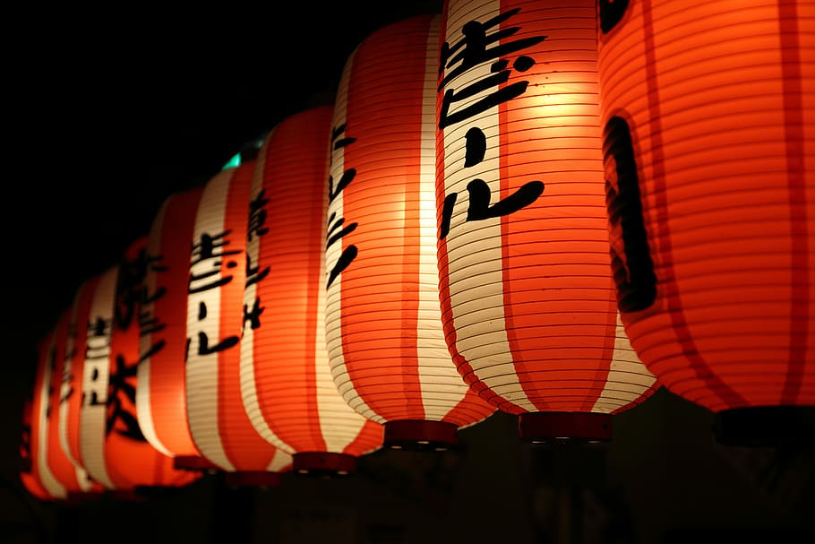 selective focus photography of lit paper lanterns, minimalist photography of paper lantern with kanji script HD wallpaper