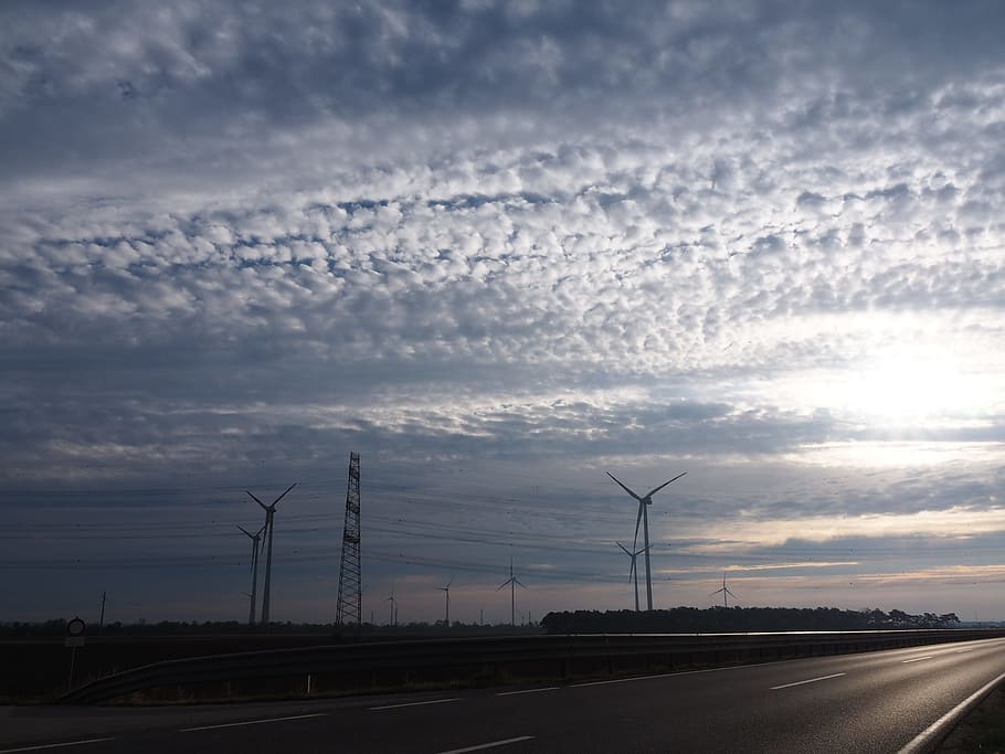 sky, wind power, dramatic, voltage, clouds, pinwheel, road HD wallpaper