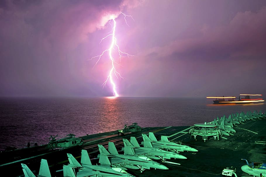 white fighter planes near lightning during night time, bolt, electricity