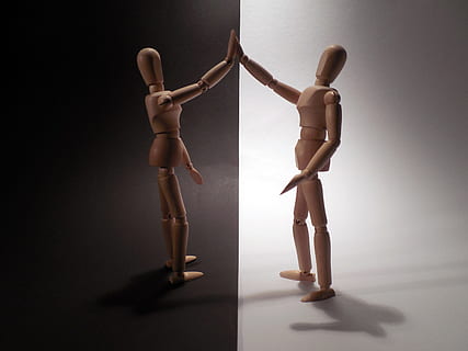 two brown wooden artists manikin collage, Solution, Reconciliation HD wallpaper