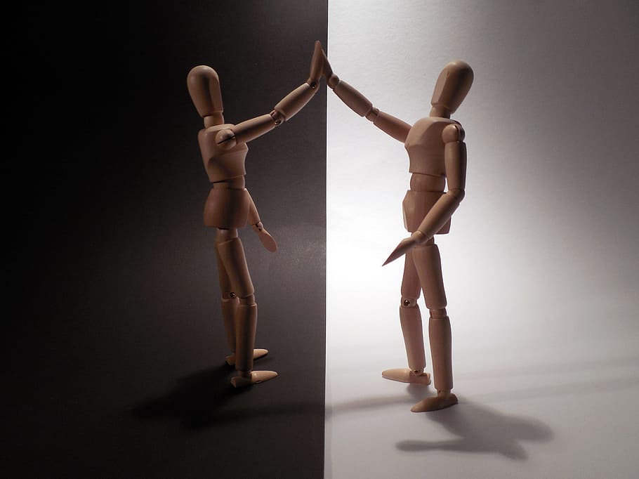 two brown wooden artists manikin collage, Solution, Reconciliation HD wallpaper