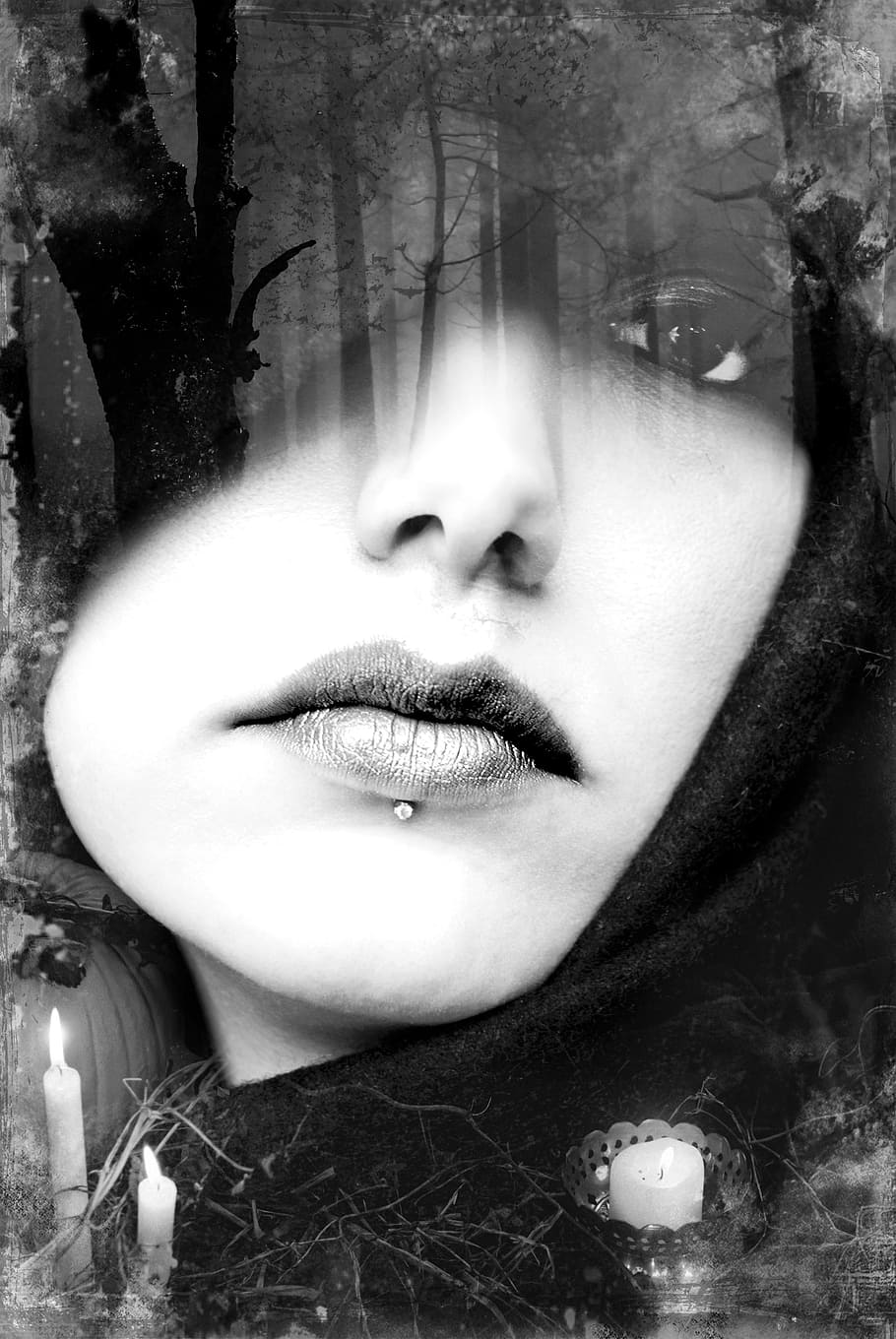 women's face, gothic, dark, fantasy, double, exposure, double exposure HD wallpaper