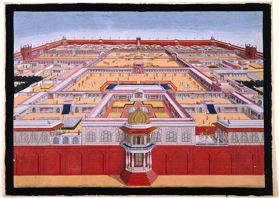 red fort, delhi, birds eye view, aerial view, india, painting