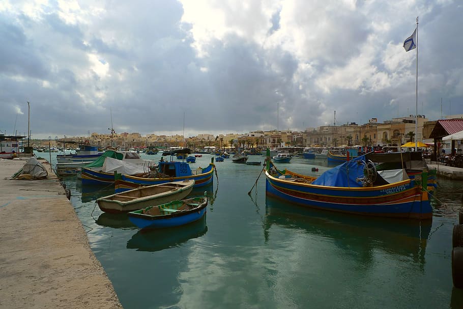 fishing boats, picturesque, port, marsaxlokk, malta, gozo, mediterranean, HD wallpaper