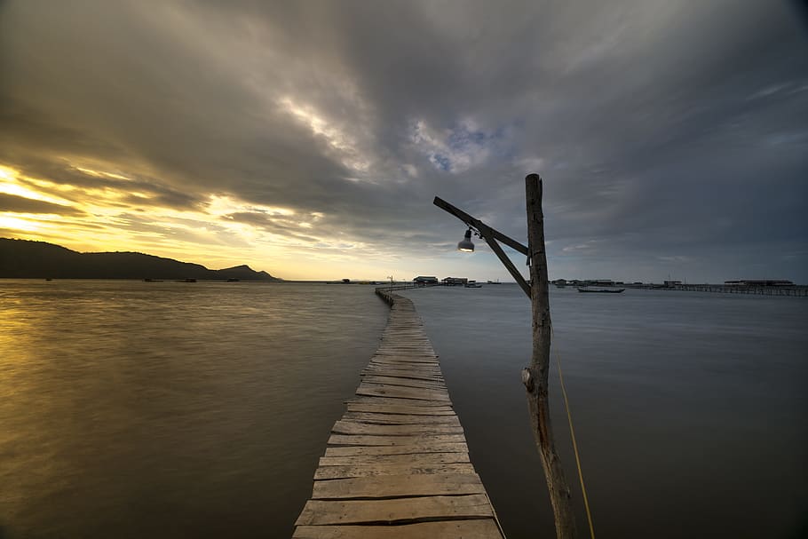 brown wooden dock taken at golden hour, background, phuquoc, island, HD wallpaper