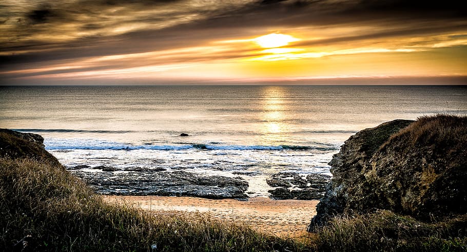 sea, sunset, sand, water, sky, beach, land, scenics - nature HD wallpaper