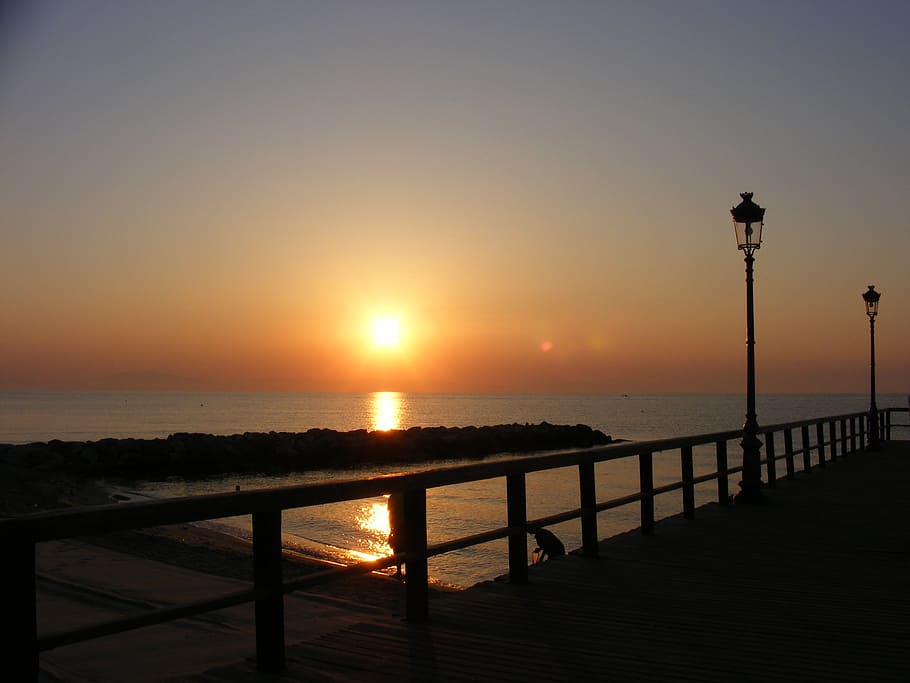 sun, bridge, great, sky, red, waves, cloud, water, sea, sunset HD wallpaper