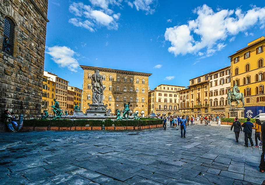 Florence, Firenze, Piazza, Statue, square, blue, sky, tourism, HD wallpaper