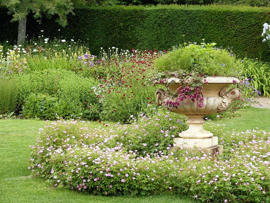 Flowers, Garden, Urn, Stoneware, formal Garden, green Color, HD wallpaper