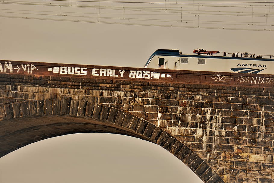 white train brown concrete bridge, white printer paper, stone HD wallpaper