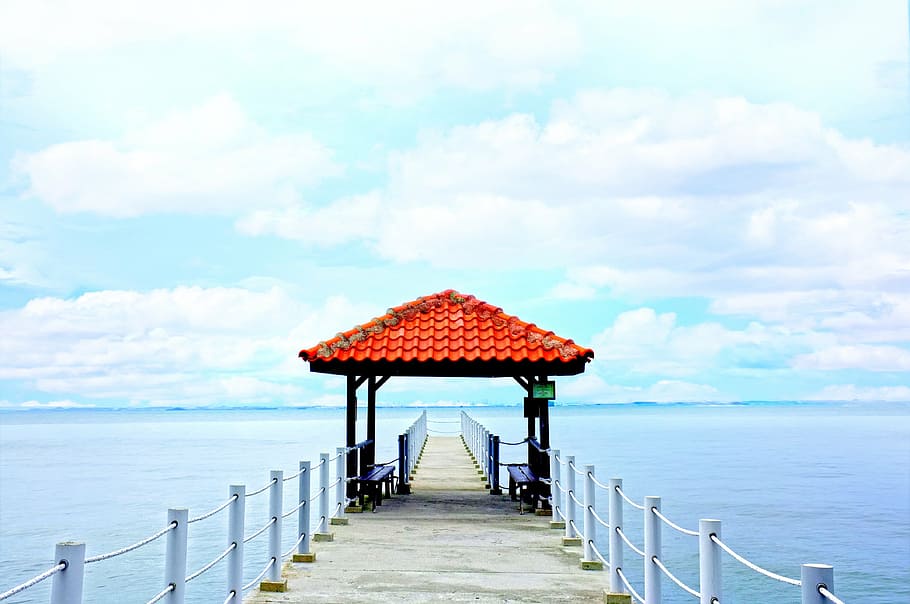 red and black wooden kiosk on dock at daytime, pier, gazebo HD wallpaper
