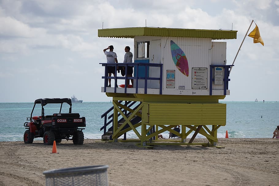 miami, lifeguard, beach, water, sea, land, sky, sand, nature HD wallpaper