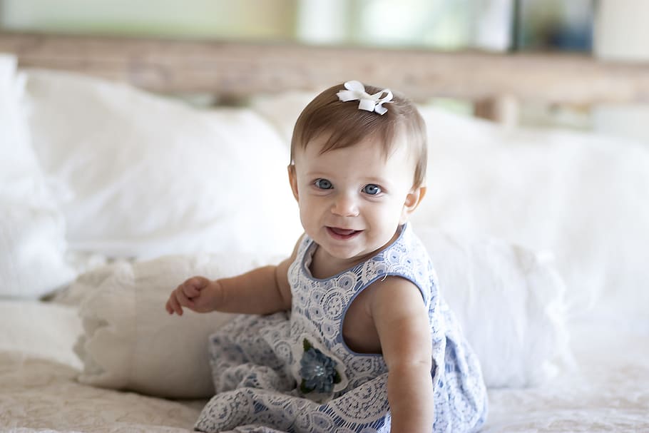 girl in blue and white sleeveless floral dress, Bows, Child, Cute