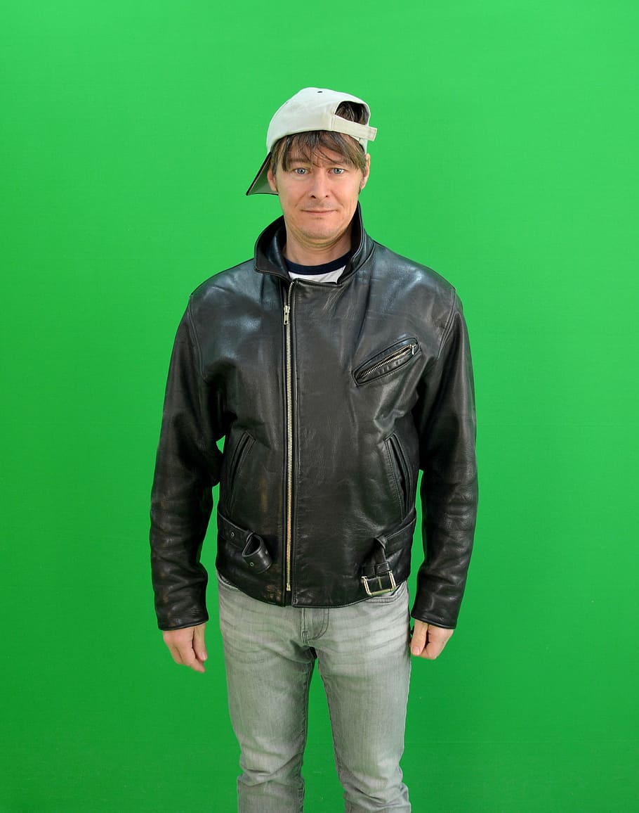 man, greenbox, chroma key, leather jacket, cap, medium, human HD wallpaper