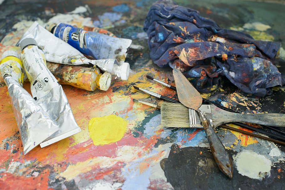 paint brush and tubes, painter, desktop, artist, spatial, work