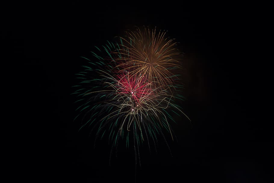 fireworks display during night time, red and blue fireworks on sky HD wallpaper