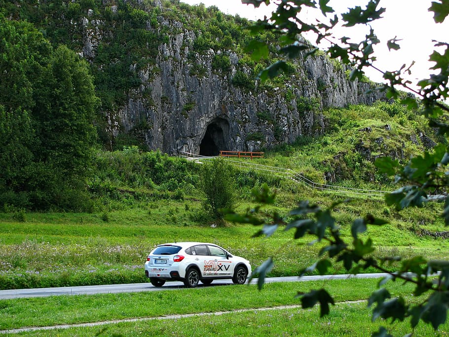 landscape, cave, road, rocks, rocky, cliffy, woods, grass, green HD wallpaper