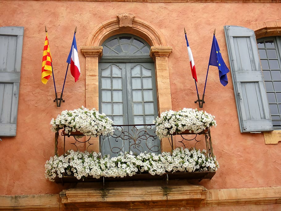 facade, provence, fleuri, spring, roussillon, town hall, flag, HD wallpaper