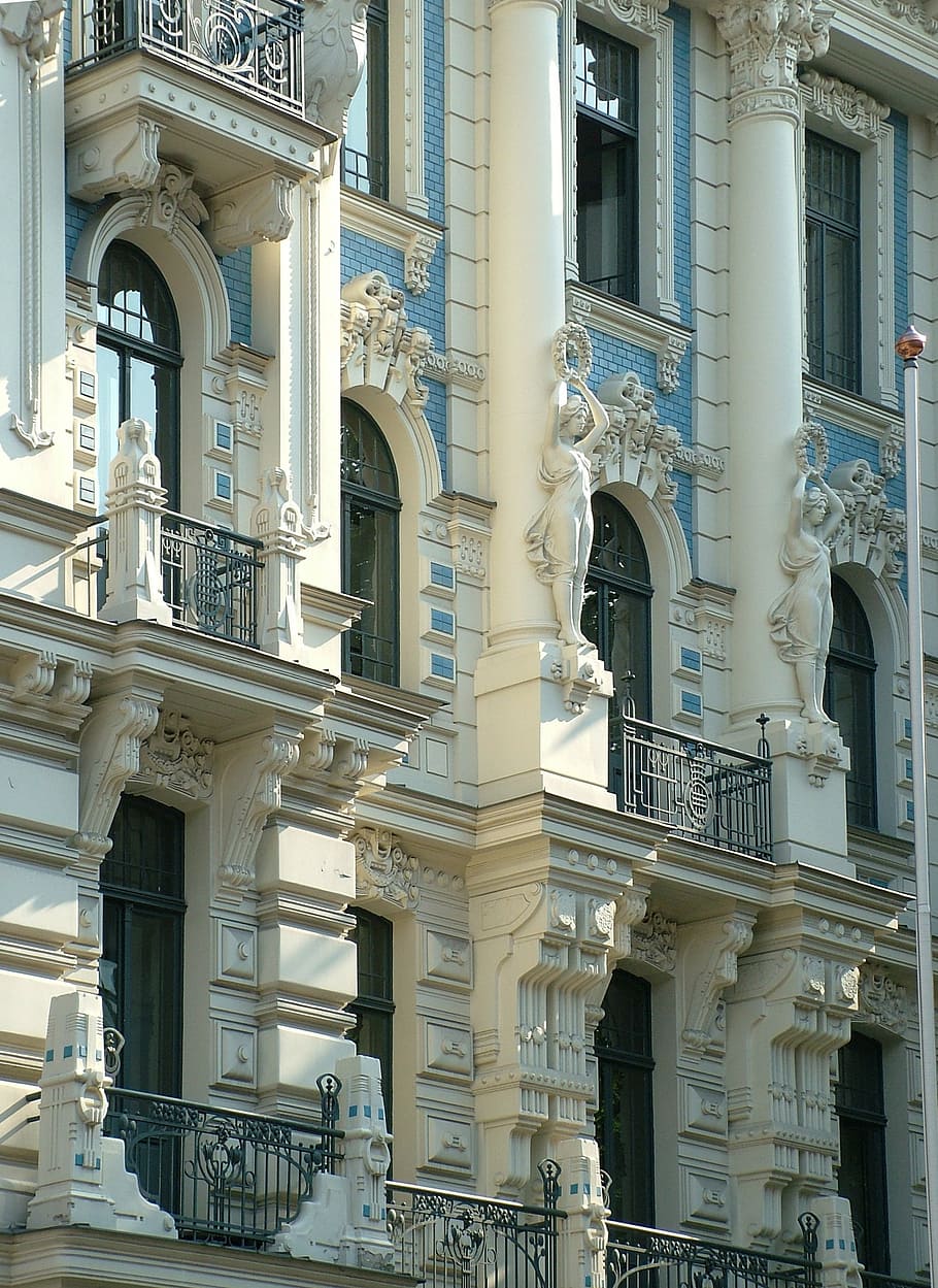 white concrete building, latvia, riga, art nouveau, built structure, HD wallpaper