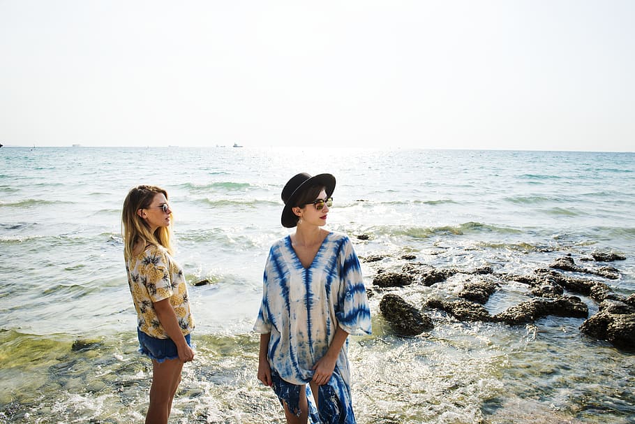 two women standing on beach, adventure, casual, enjoy, dom, friends, HD wallpaper