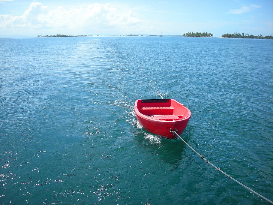 red boat on body of water, dinghy, sailing, ship, ocean, caribbean HD wallpaper