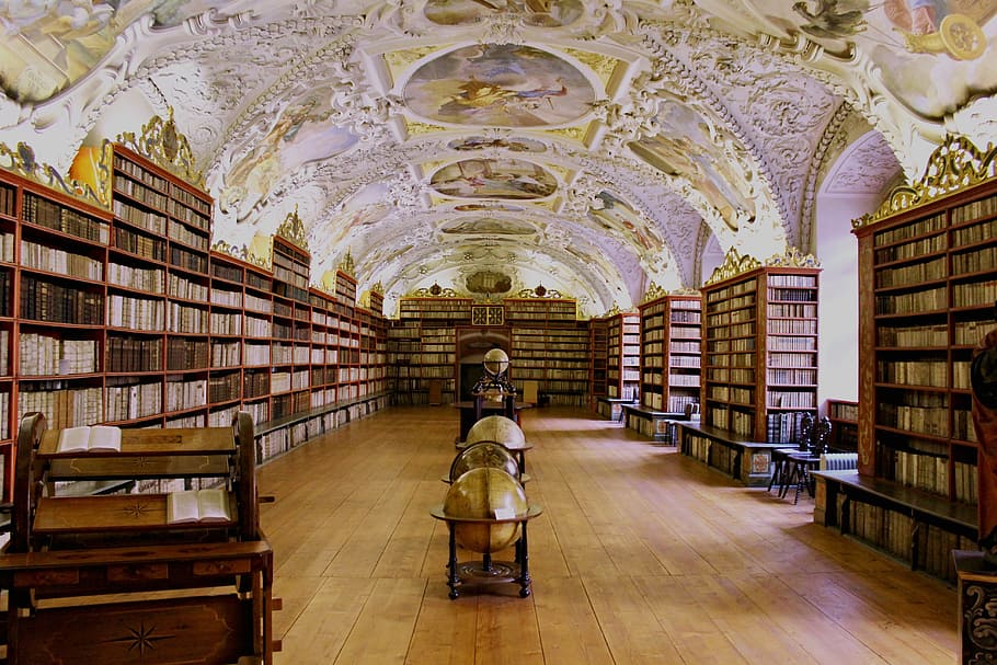 interior view of room with books on shelves, library, globe HD wallpaper