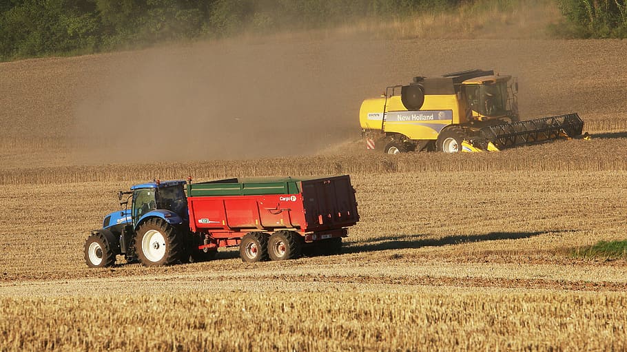 blue and yellow tractors, Field, Landscape, Sky, agriculture HD wallpaper