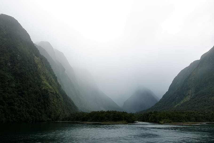 body of the water surrounded by green mountain and fogs, New Zealand