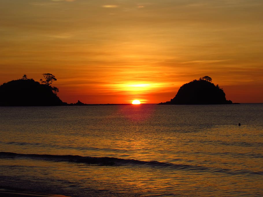 beach, sunset, islands, sky, sea, sunset beach, paradise, orange HD wallpaper
