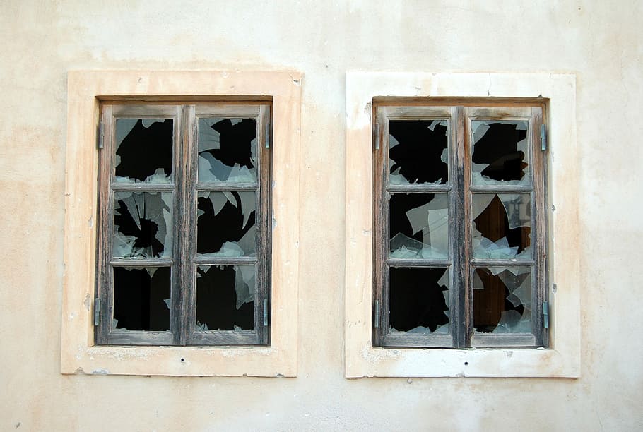 two broken 6-pane windows on white painted wall, two beige framed broken glass windows, HD wallpaper