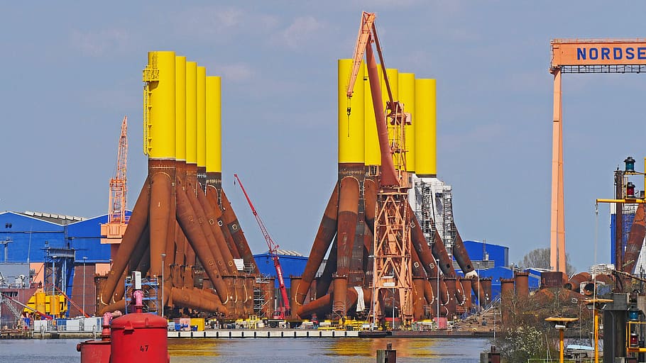 shipyard, off-shore wind park, foundations, base, windräder HD wallpaper