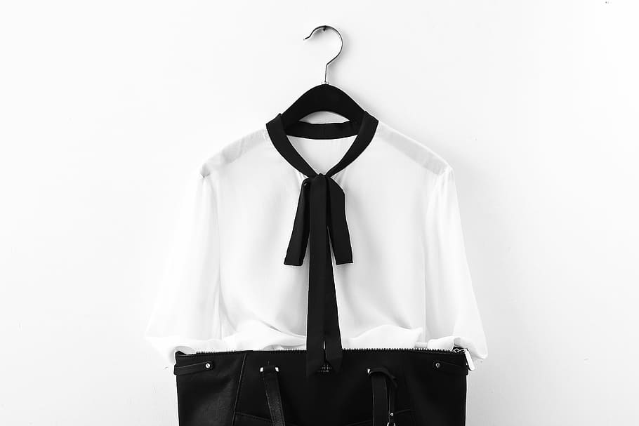 shirt, fashion, black and white, streamers, bag, office, silk, HD wallpaper